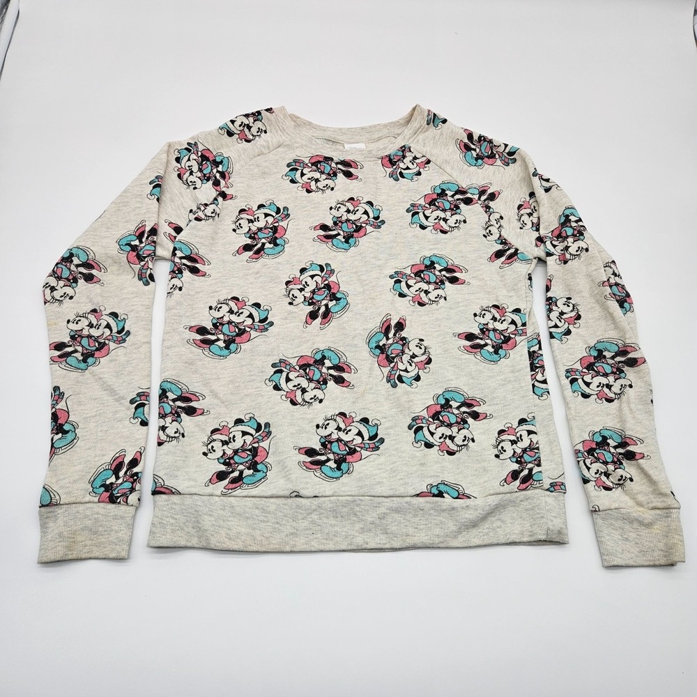 Disney XS Minnie Mouse Print‎ Long Sleeve Crewneck Sweatshirt Beige Womens